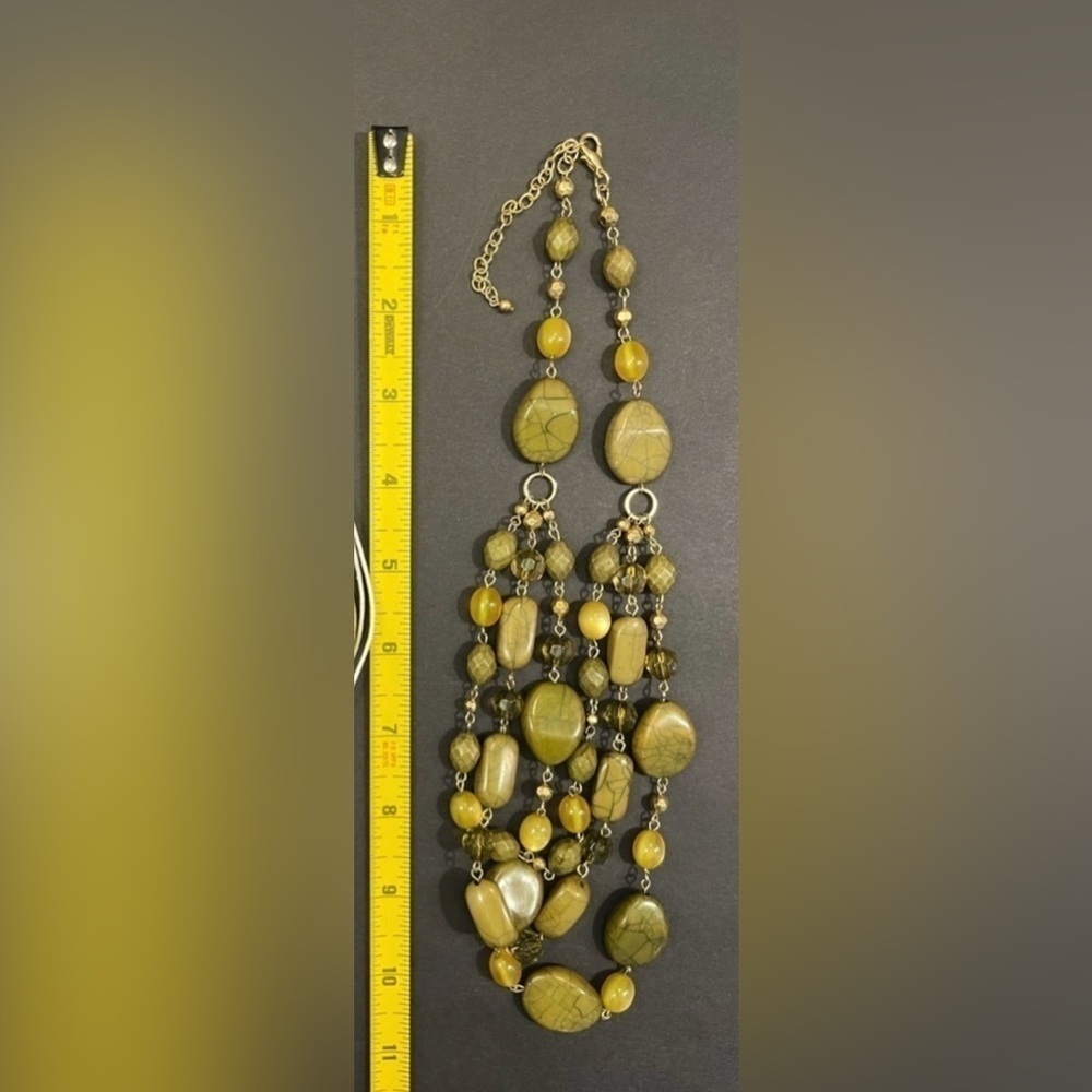 Olive Green Beaded Necklace, 3 Strand - Picture 3 of 4
